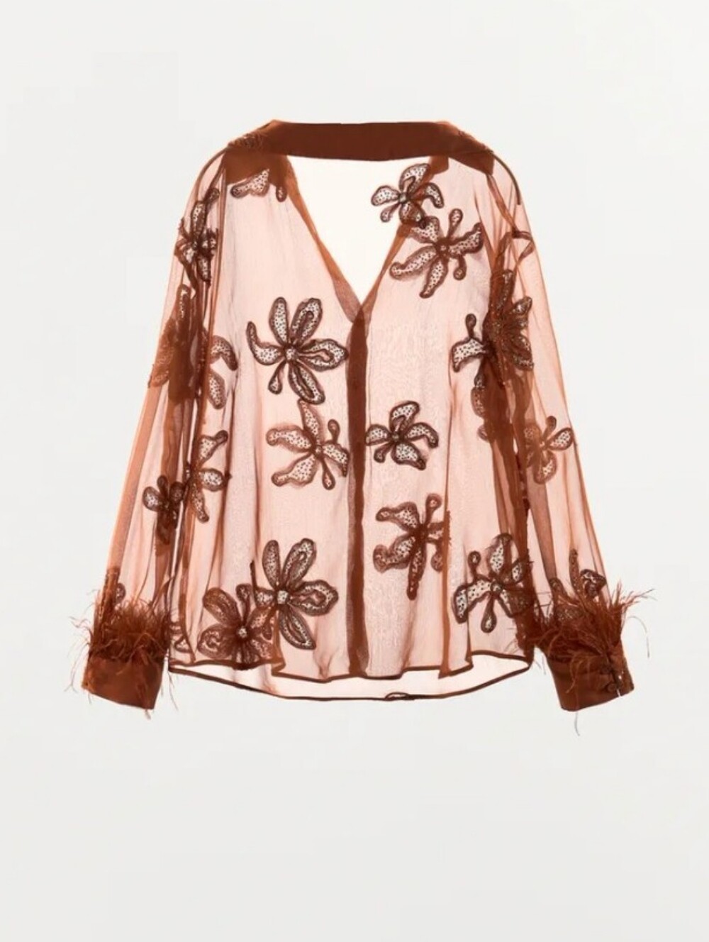 Zara Semi-sheer Floral Beaded Embroidery Feathered Long Sleeve With Front Button - Picture 3 of 11